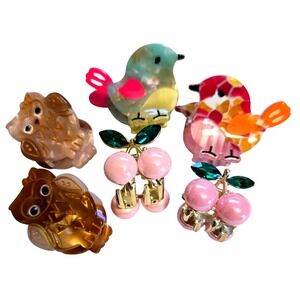 6pc Mini Claw Hair Clip Set Owls Birds Cherries Acetate Rhinestone Accessories